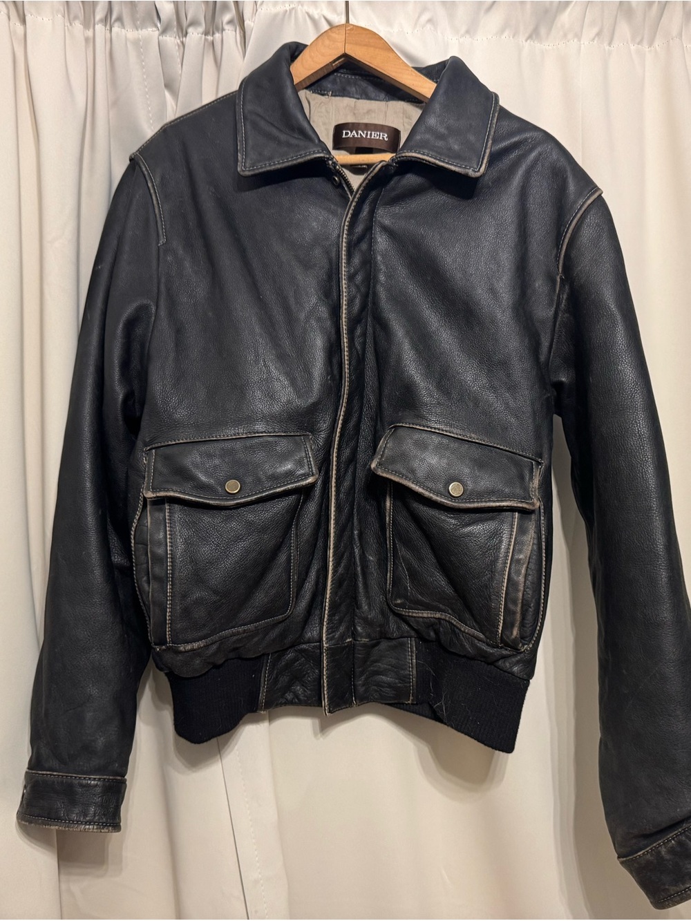 Danier Black Leather Bomber Jacket with Contrast Stitching